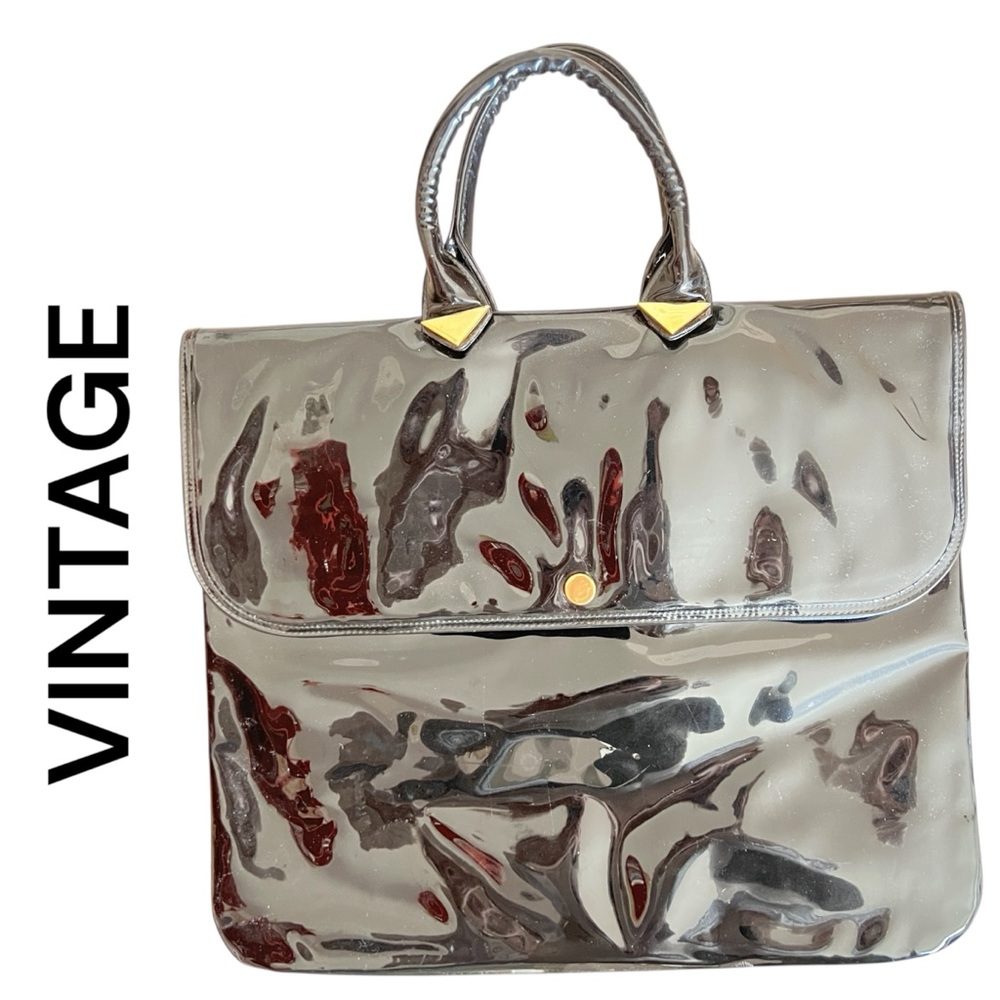 VTG 60s Ronay Black Patent Leather Tote Bag Large Laptop Case Structured Gold - Picture 3 of 14